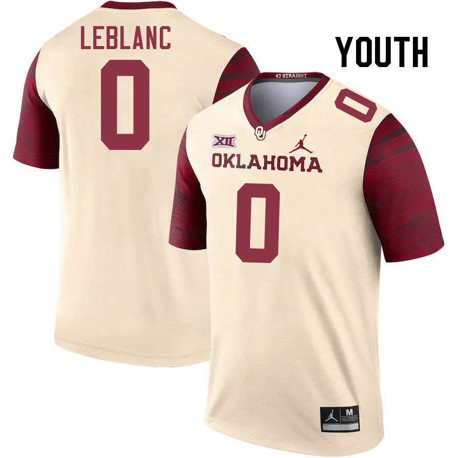 Youth #0 Derrick LeBlanc Oklahoma Sooners College Football Jerseys Stitched-Cream - Click Image to Close